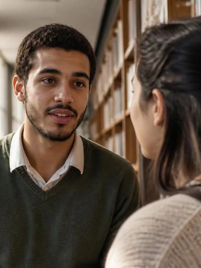 Duas participantes conversando de pé no corredor entre prateleiras de livros